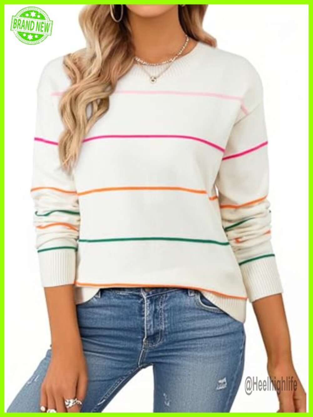 Womens Crew Neck Striped Sweater Long Sleeve Knit Pullover